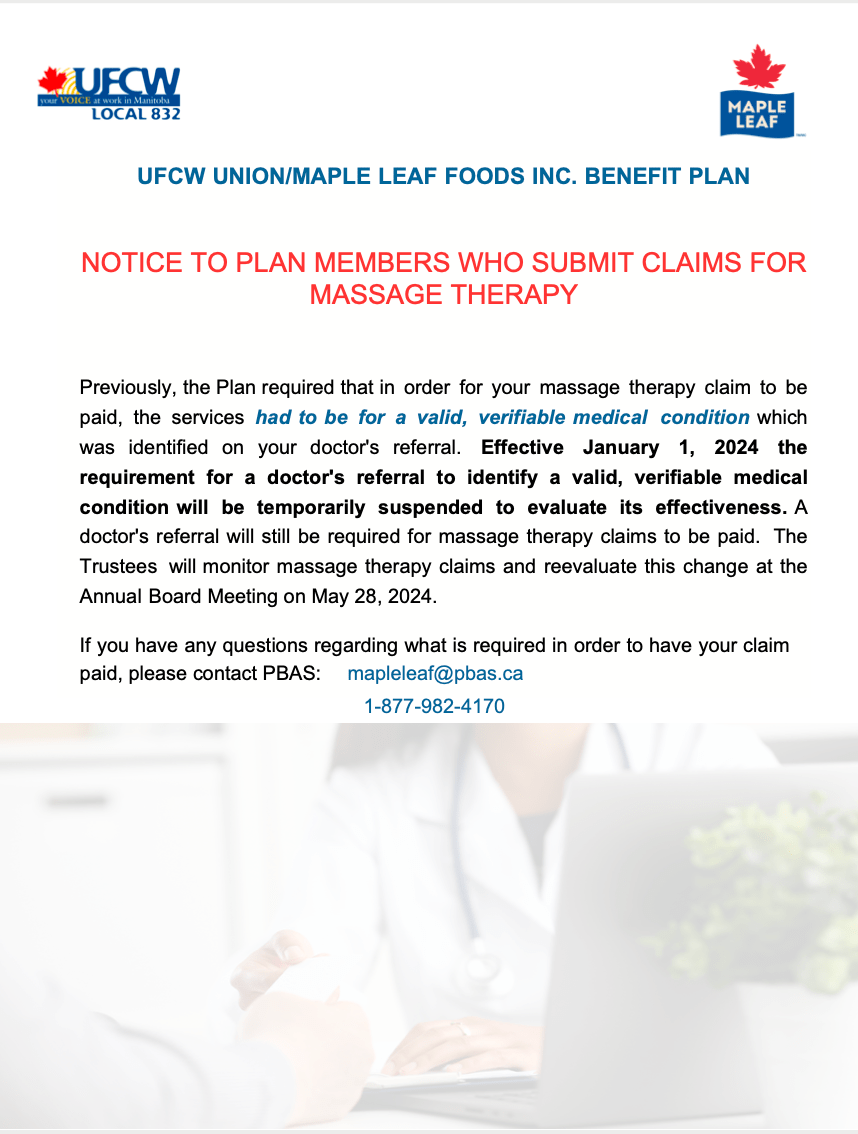 Announcements UFCW Union/Maple Leaf Foods Inc. Benefit Plan