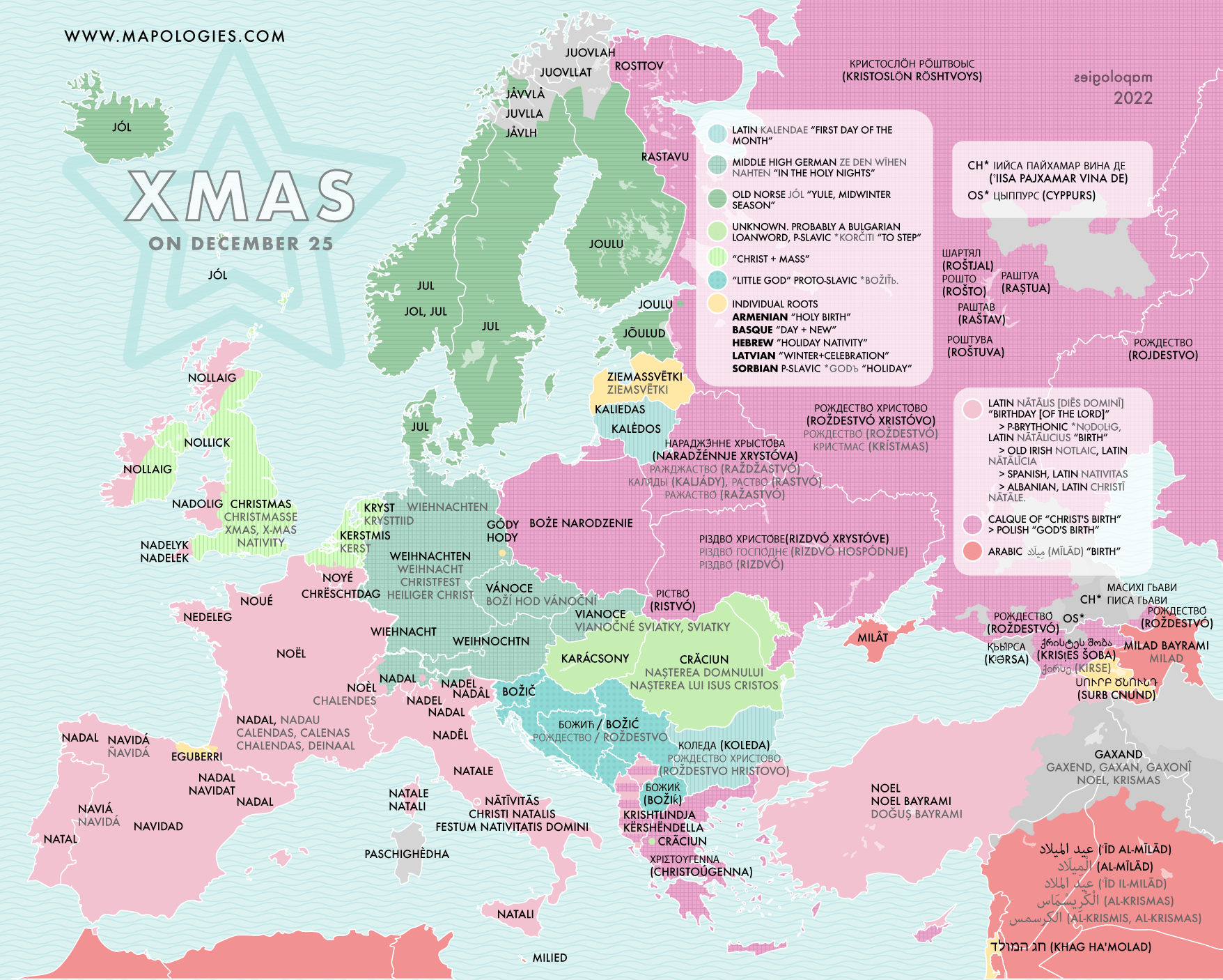 Etymology map of Christmas in different languages r/etymologymaps