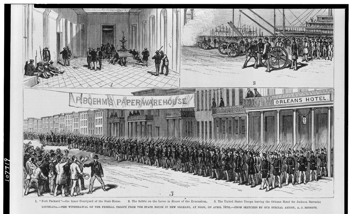 U.S. soldiers march away from Louisiana's legislature, 1877