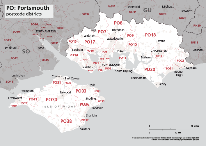 Map of PO postcode districts Portsmouth Maproom