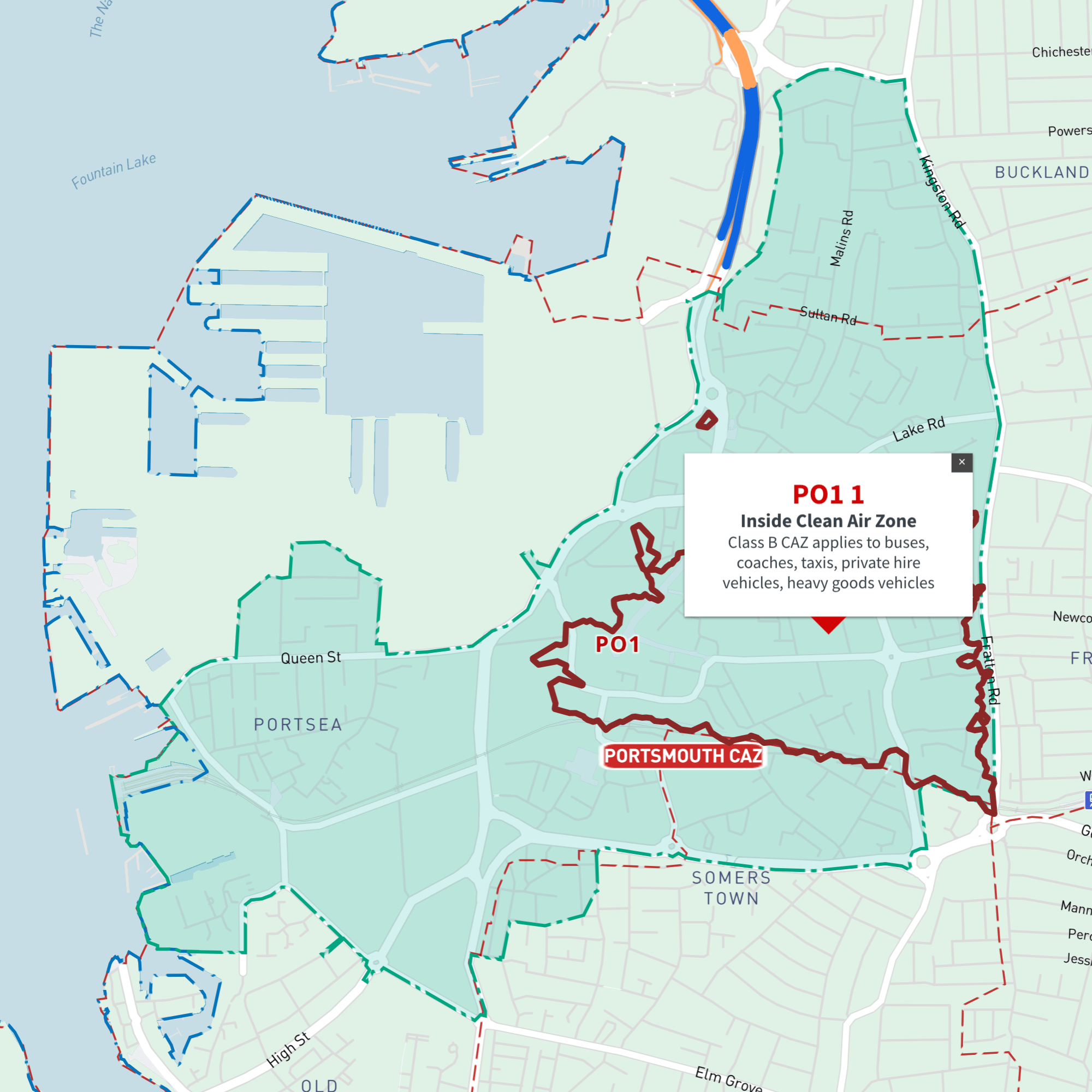 Interactive map of Portsmouth Clean Air Zone and all PO postcodes Maproom