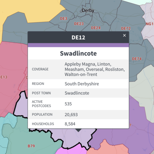 Live example of postcode district polygons map connected to a