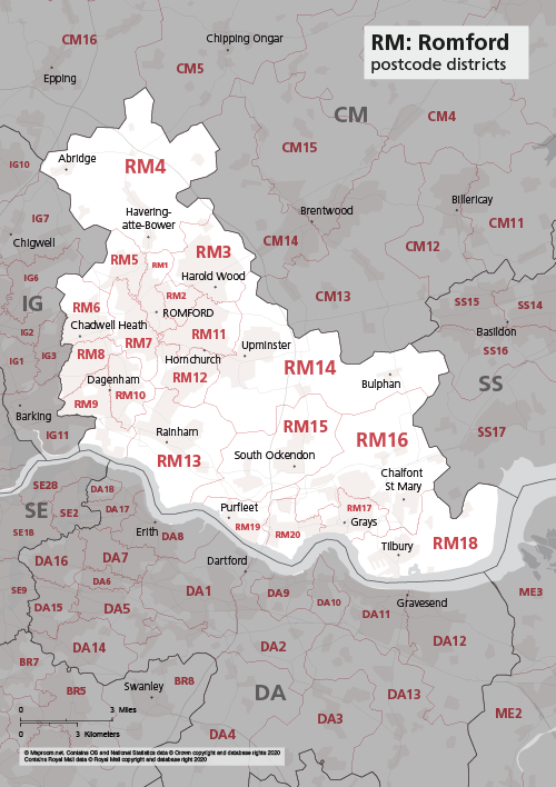 Map of RM postcode districts Romford Maproom