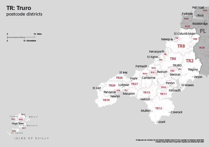 Map of TR postcode districts Truro Maproom