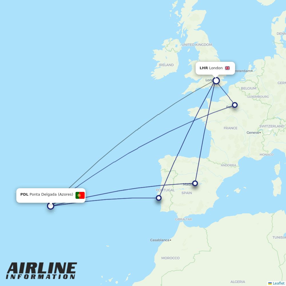 Airlines with flights from Ponta Delgada (Azores) to London (PDL to LHR