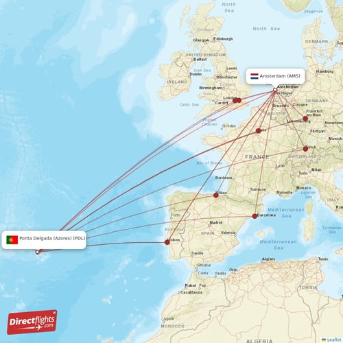 Direct flights from Amsterdam to Ponta Delgada (Azores), AMS to PDL nonstop