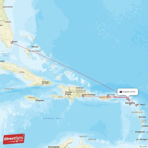 Direct flights from Anguilla 7 destinations AXA, Anguilla