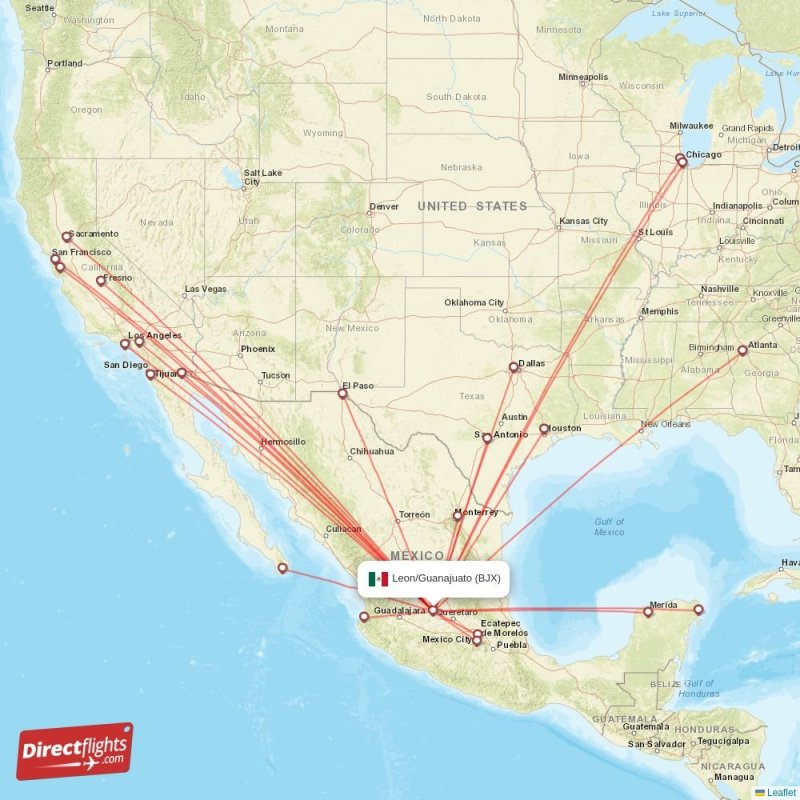 Direct flights from Leon/Guanajuato 24 destinations BJX, Mexico
