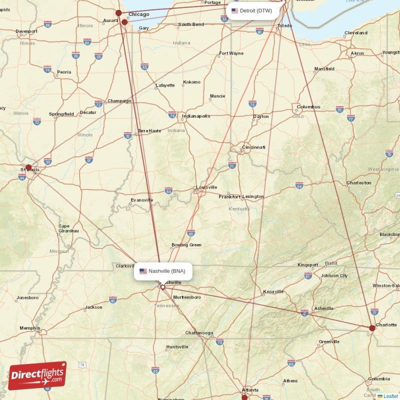 Direct flights from Nashville to Detroit, BNA to DTW nonstop