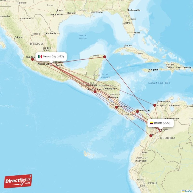 Direct flights from Bogota to Mexico City, BOG to MEX nonstop