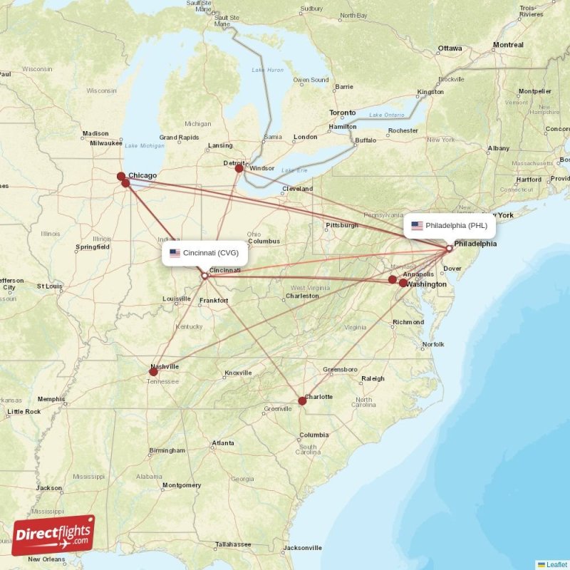 Direct flights from Cincinnati to Philadelphia, CVG to PHL nonstop