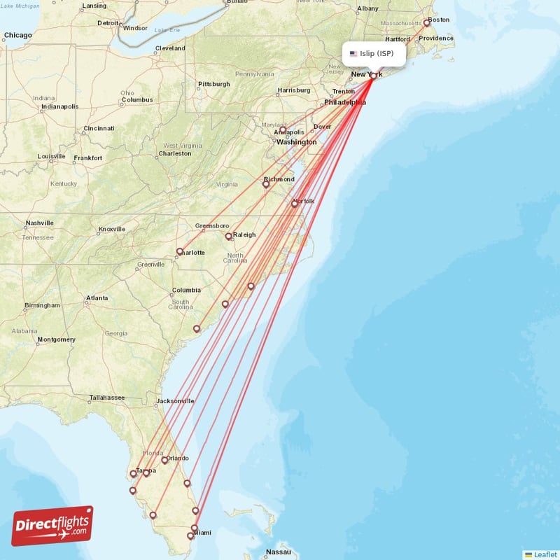 Direct flights from Islip 16 destinations ISP, USA