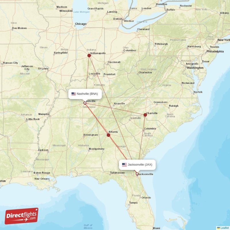 Direct flights from Jacksonville to Nashville, JAX to BNA nonstop