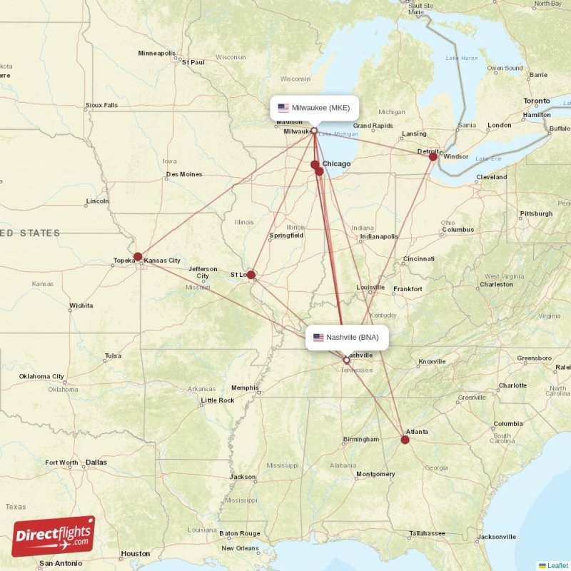 Direct flights from Milwaukee to Nashville, MKE to BNA nonstop