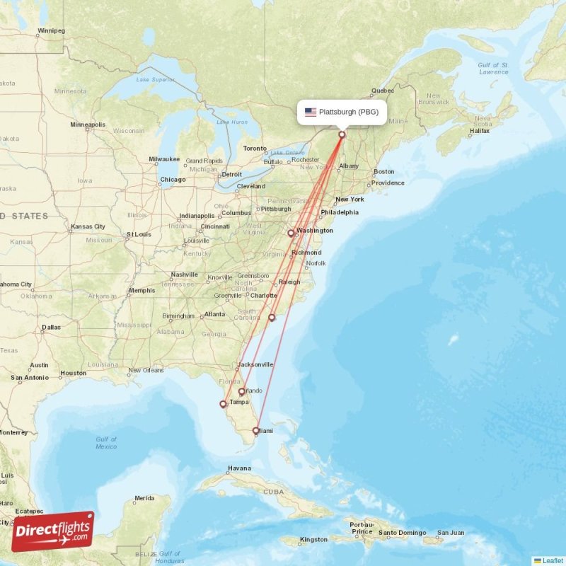 Direct flights from Plattsburgh 7 destinations PBG, USA