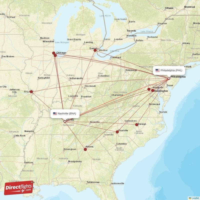 Direct flights from Philadelphia to Nashville, PHL to BNA nonstop