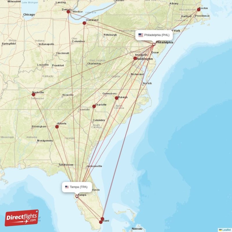 Direct flights from Philadelphia to Tampa, PHL to TPA nonstop