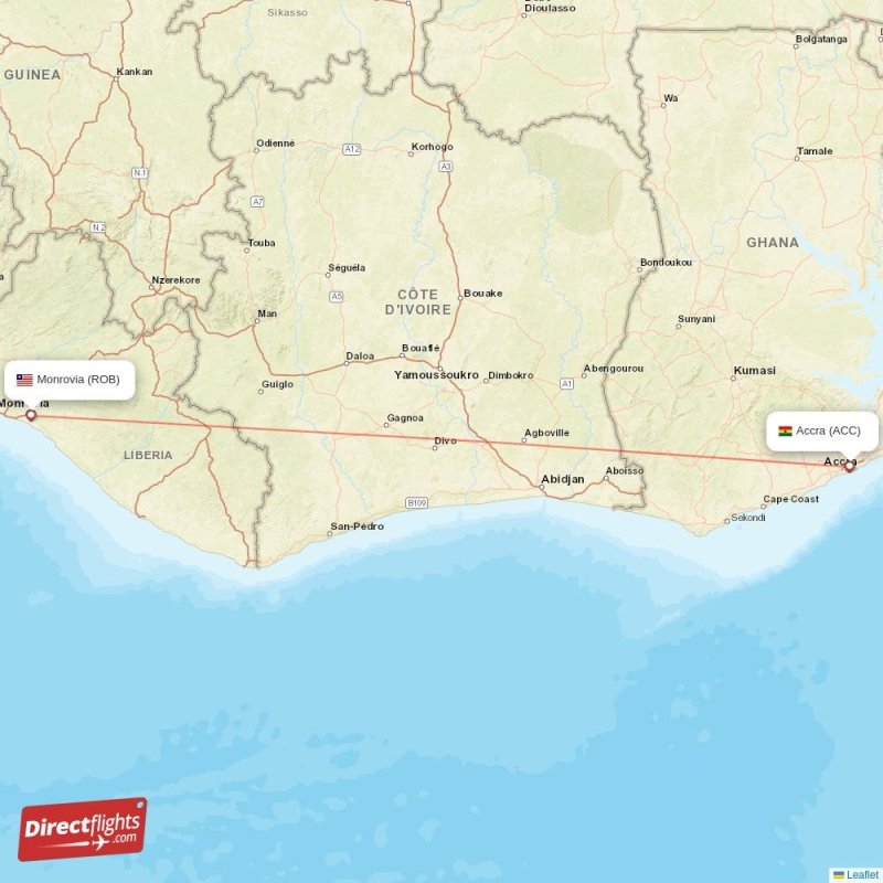 Direct flights from Monrovia to Accra, ROB to ACC nonstop
