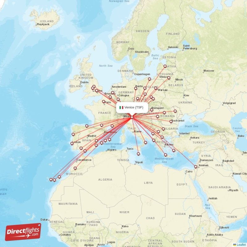 Direct flights from Venice 57 destinations TSF, Italy