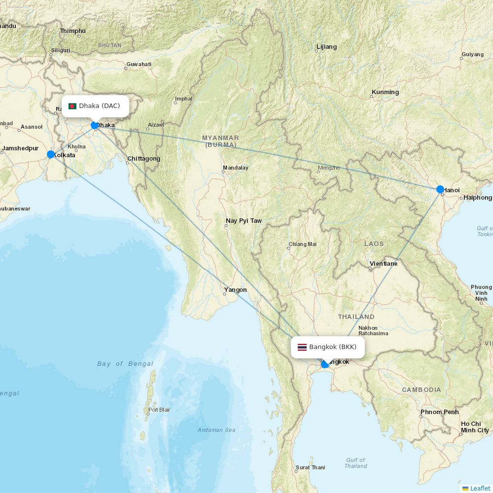 Biman Bangladesh Airlines routes (BG) map Flight Routes