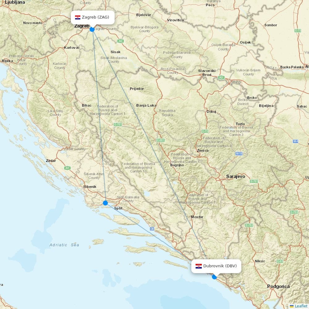 Croatia Airlines routes (OU) map Flight Routes