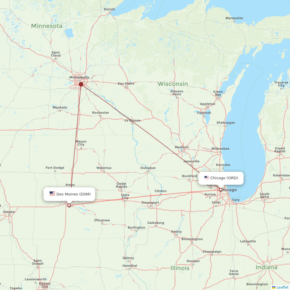 Flights from Des Moines to Chicago, DSM to ORD Flight Routes