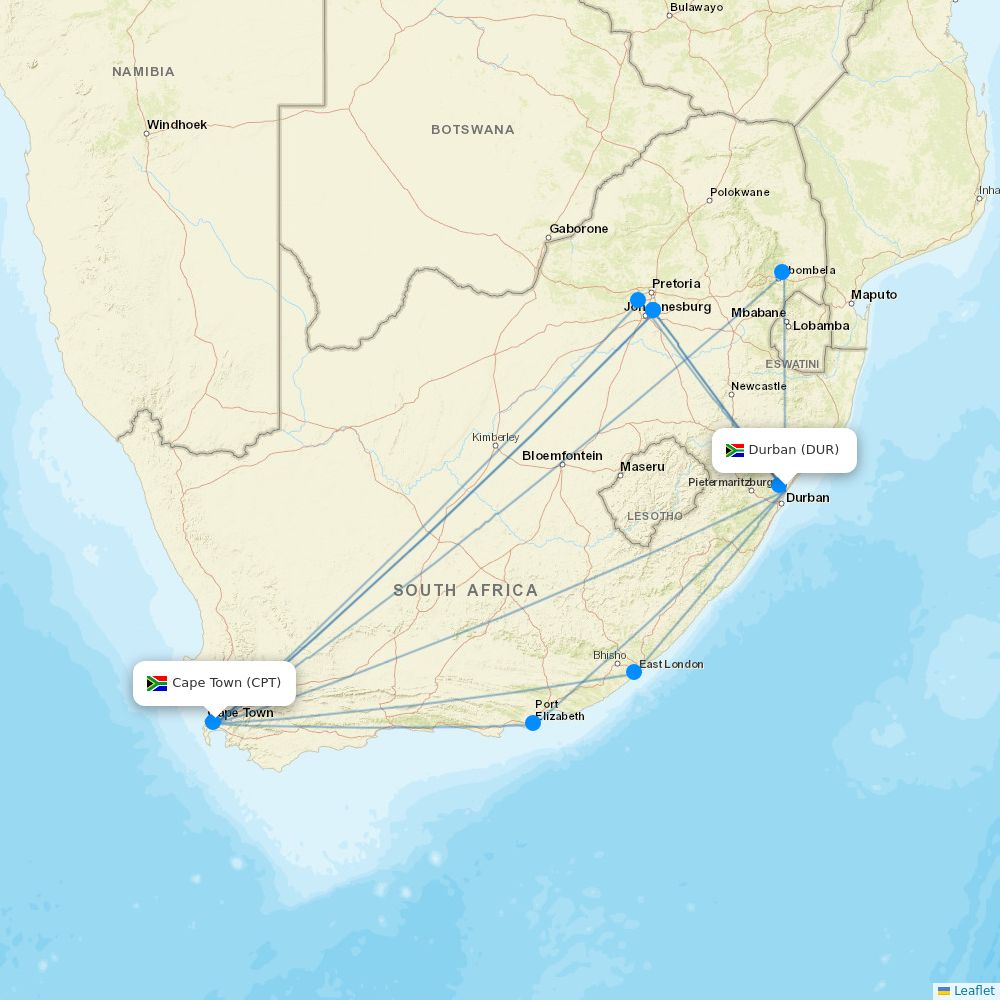 Safair airline routes (FA) map Flight Routes