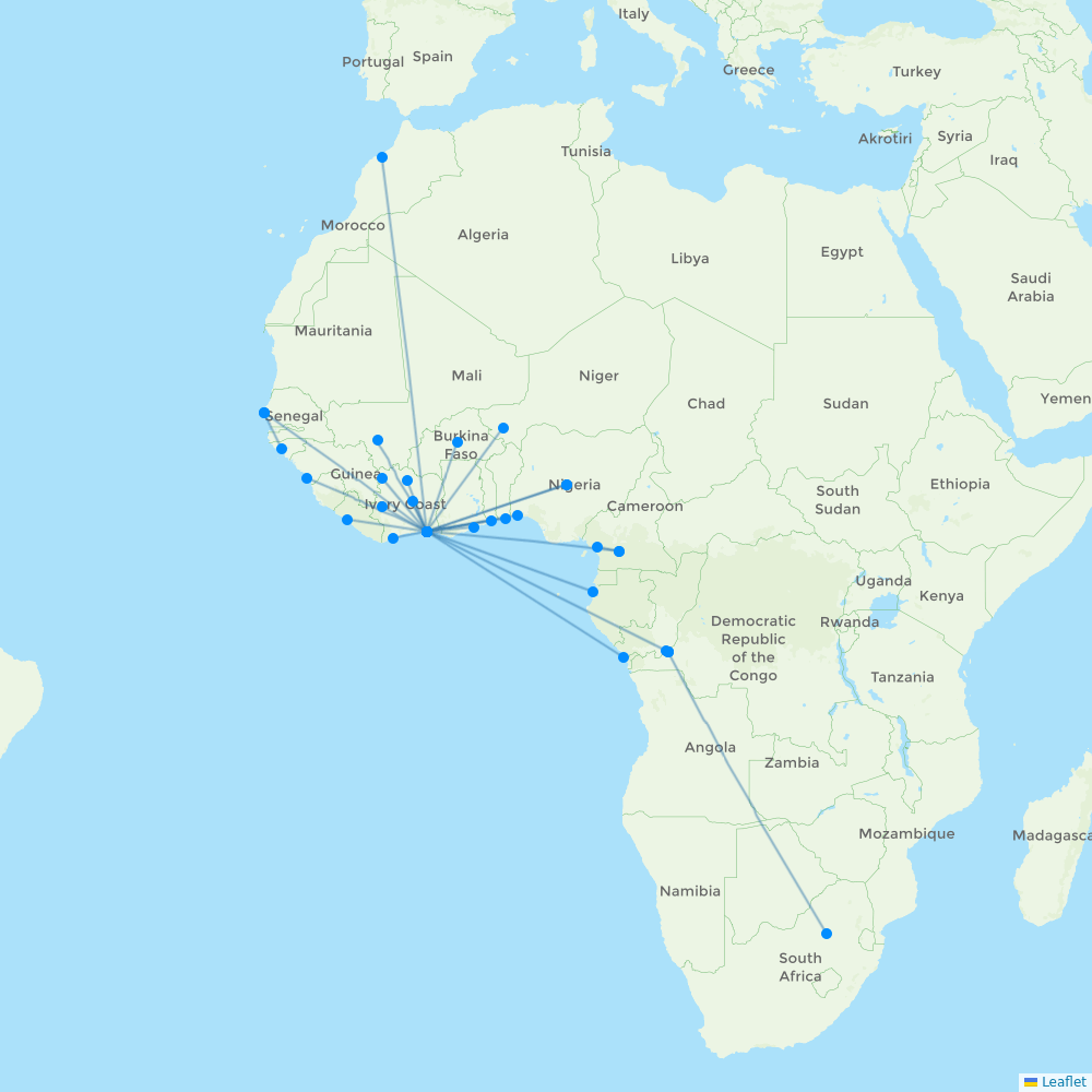Air Cote D'Ivoire airline routes (HF) 2024, map Flight Routes