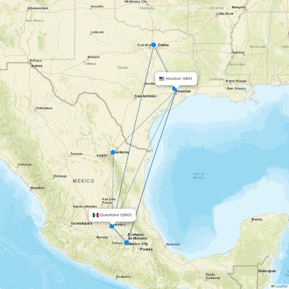 Flights from Houston to Queretaro, IAH to QRO Flight Routes