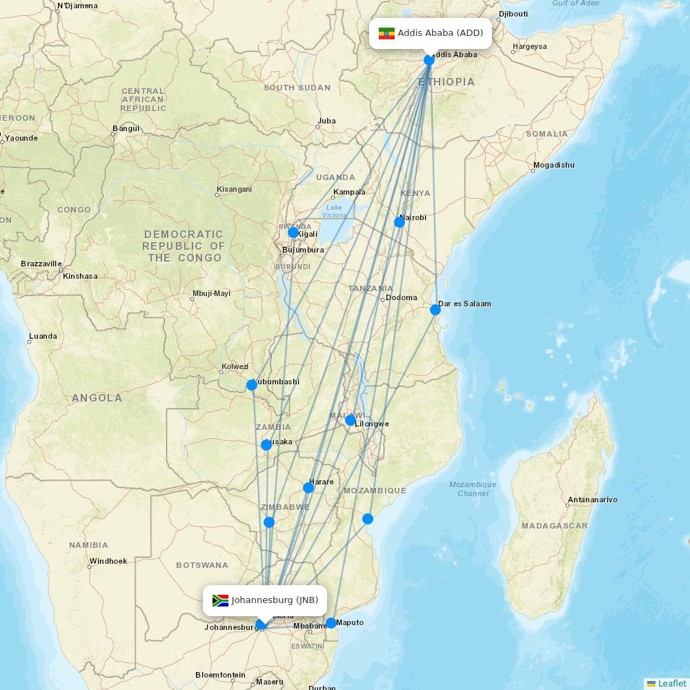 Ethiopian Airlines routes (ET) map Flight Routes