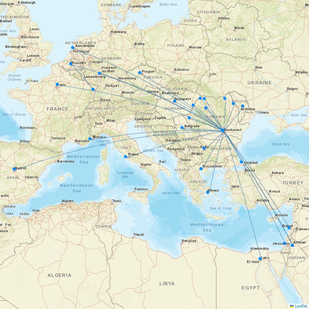 TAROM airline routes (RO) 2024, map Flight Routes