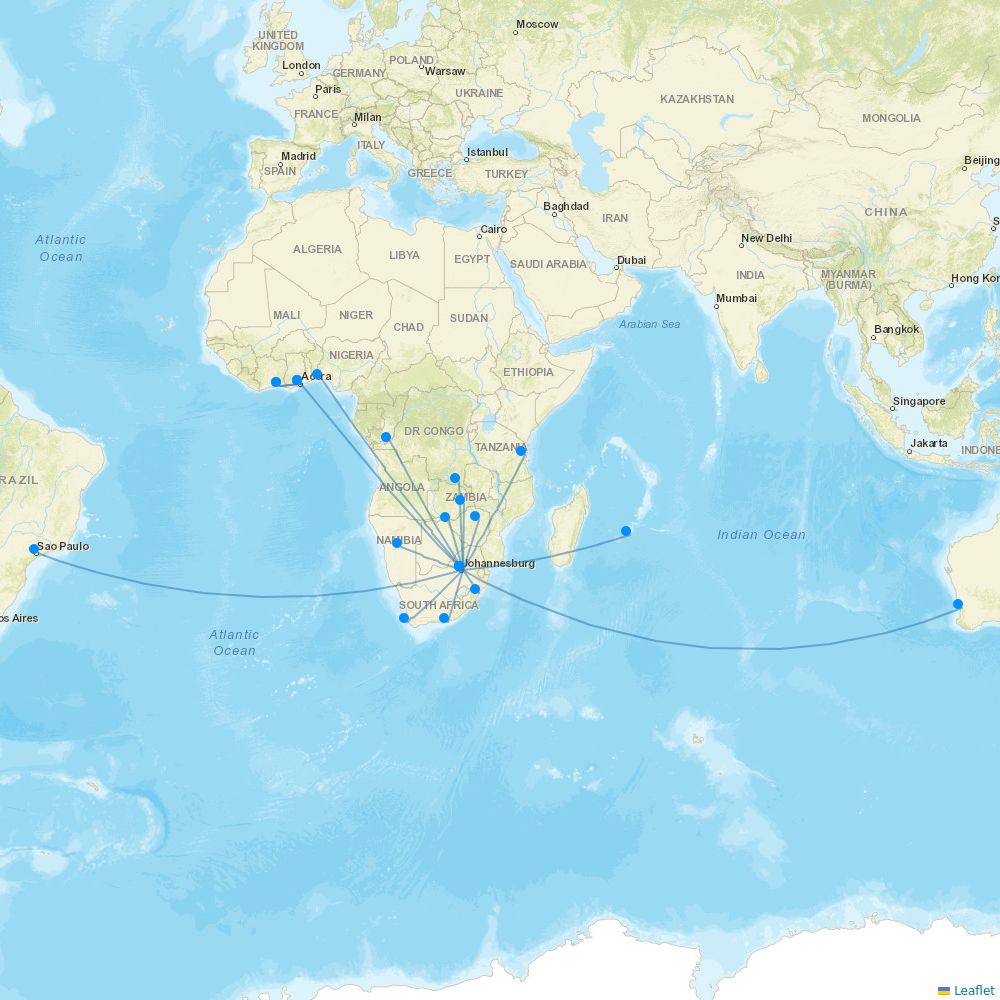 South African Airways airline routes (SA) 2024, map Flight Routes