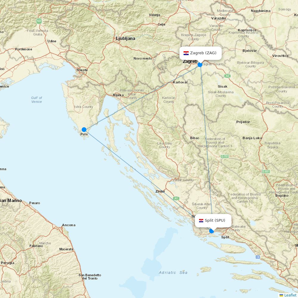 Croatia Airlines routes (OU) map Flight Routes