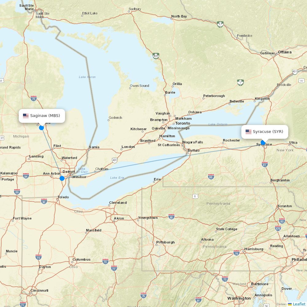 Flights from Syracuse to Saginaw, SYR to MBS Flight Routes