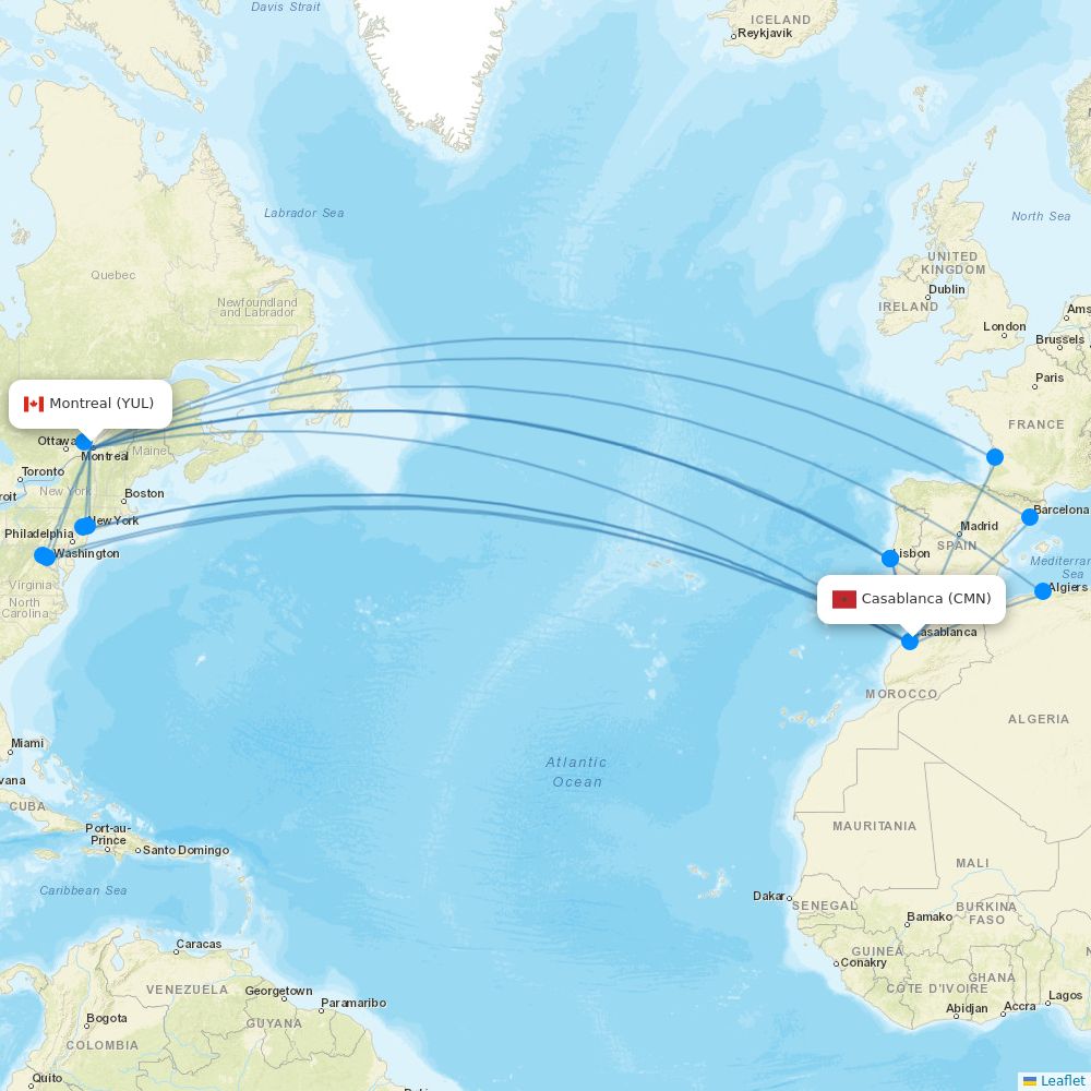 Royal Air Maroc airline routes (AT) map Flight Routes