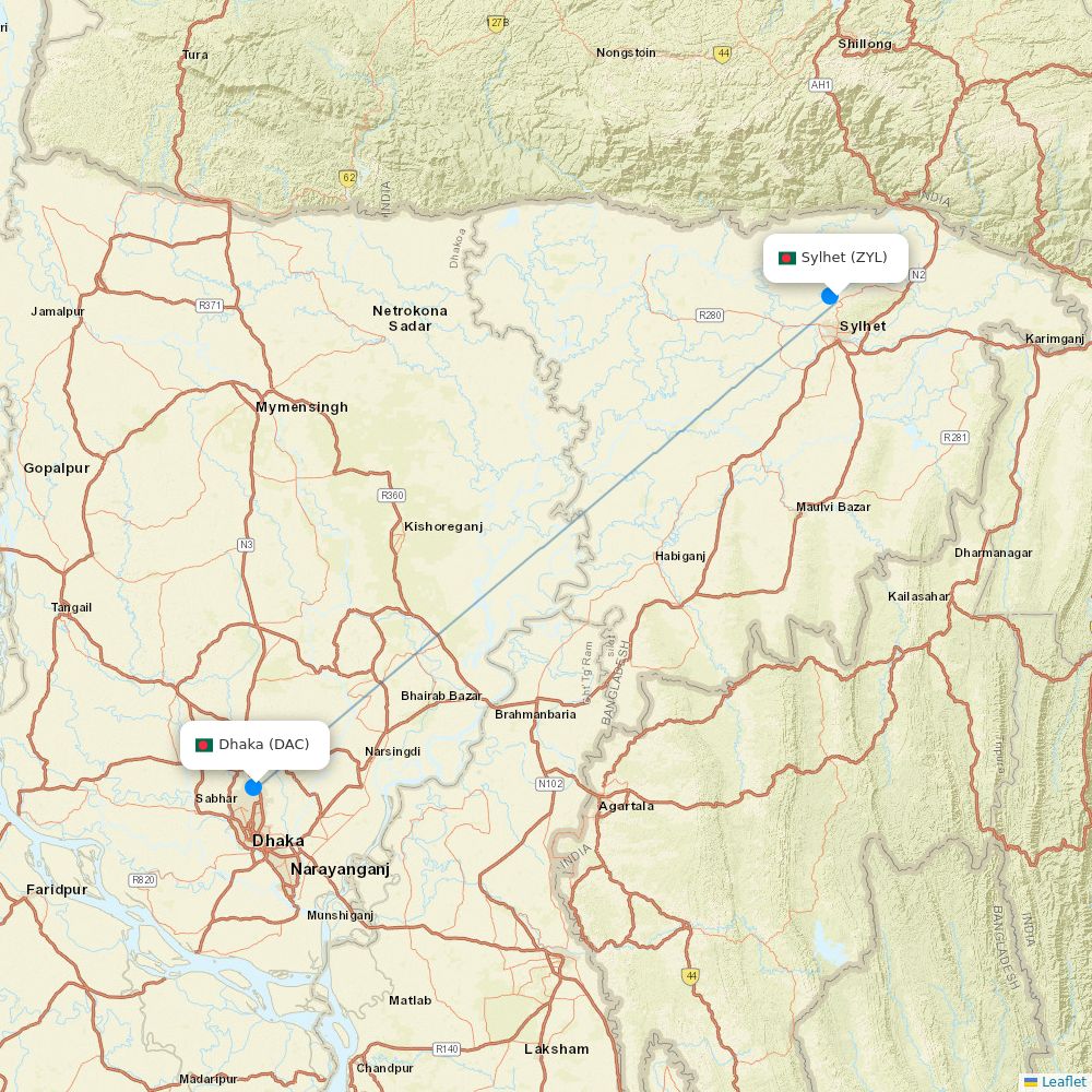 Biman Bangladesh Airlines routes (BG) map Flight Routes