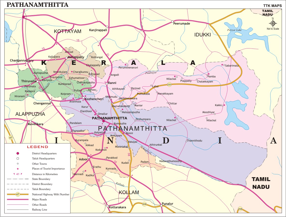 Pathanamthitta District Map, Kerala District Map with important places of Pathanamthitta