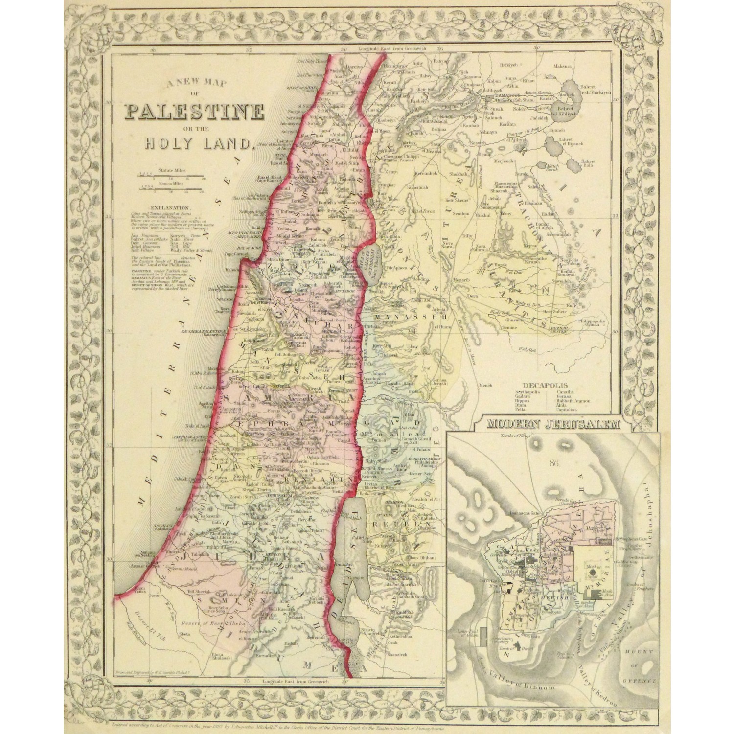 Pain Points Map Palestine, 1867 Original Art, Antique Maps & Prints