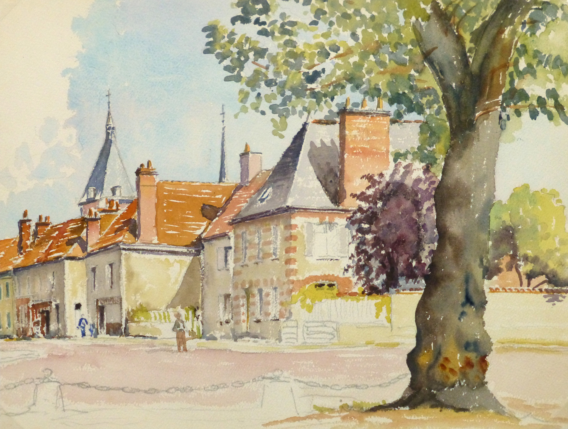 Watercolor Landscape French Country Village, Circa 1920