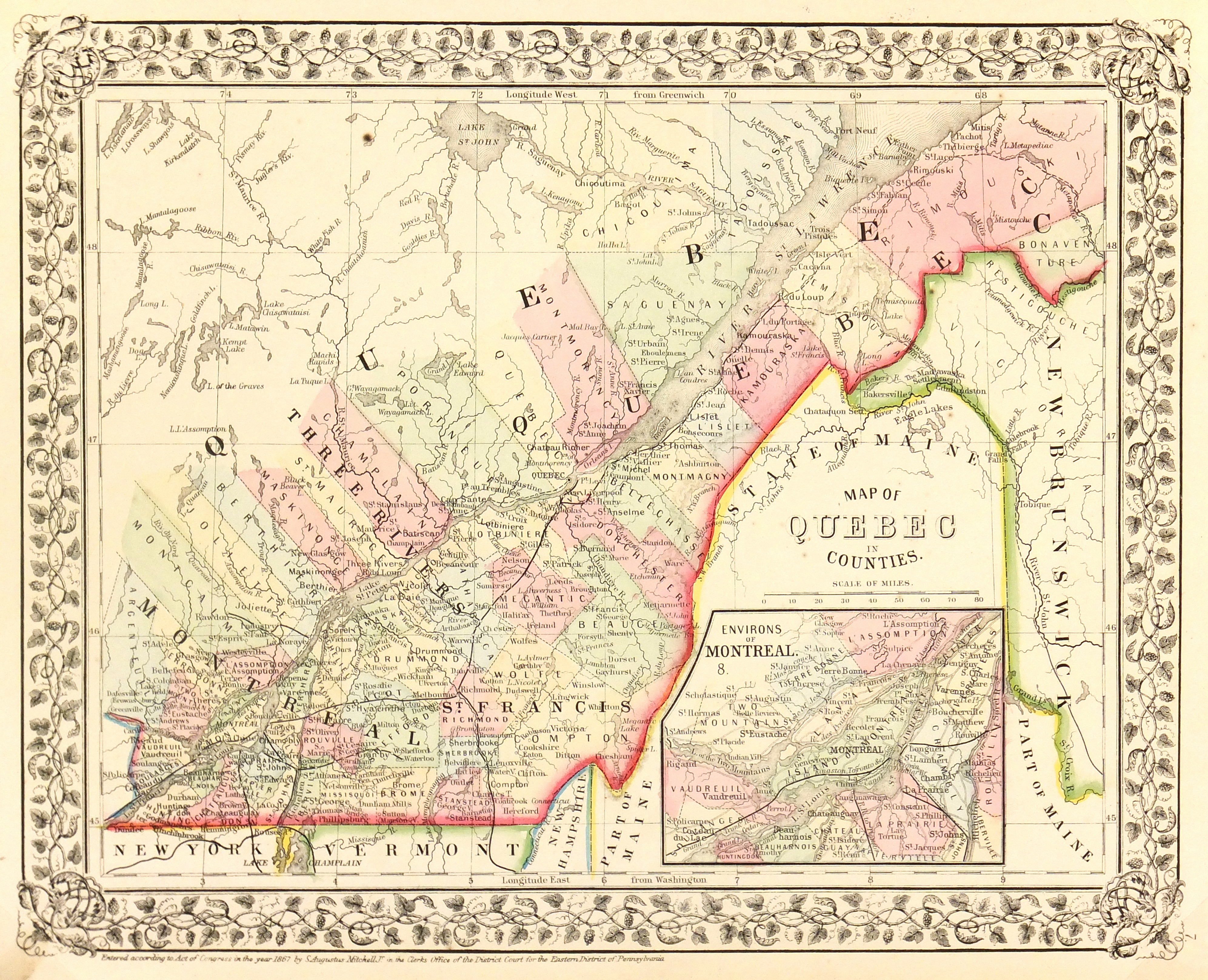 Quebec, Canada Map, 1867 Original Art, Antique Maps & Prints