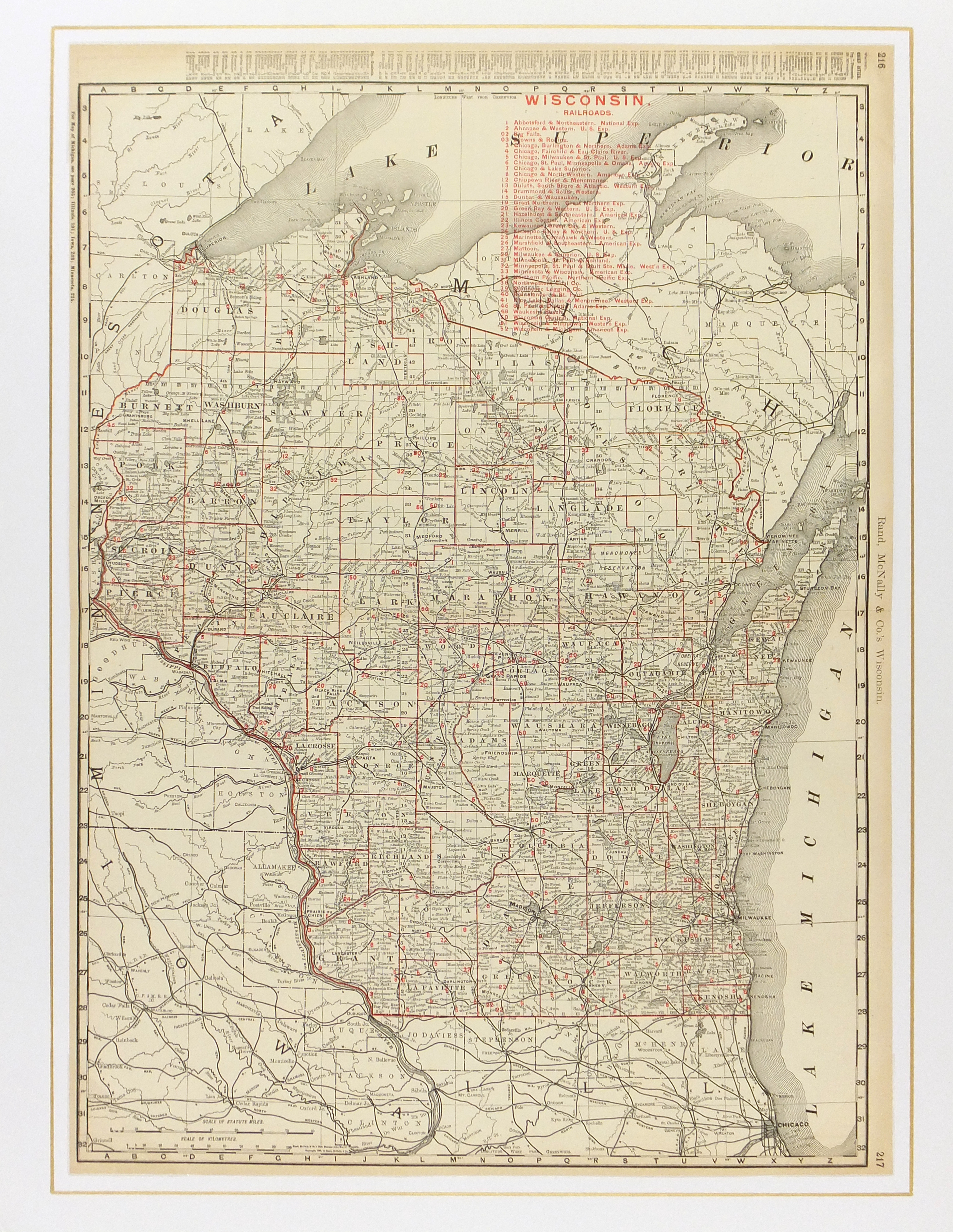 Wisconsin Central Railroad Map Wisconsin County & Railroads Map, 1895 Original Art, Antique Maps