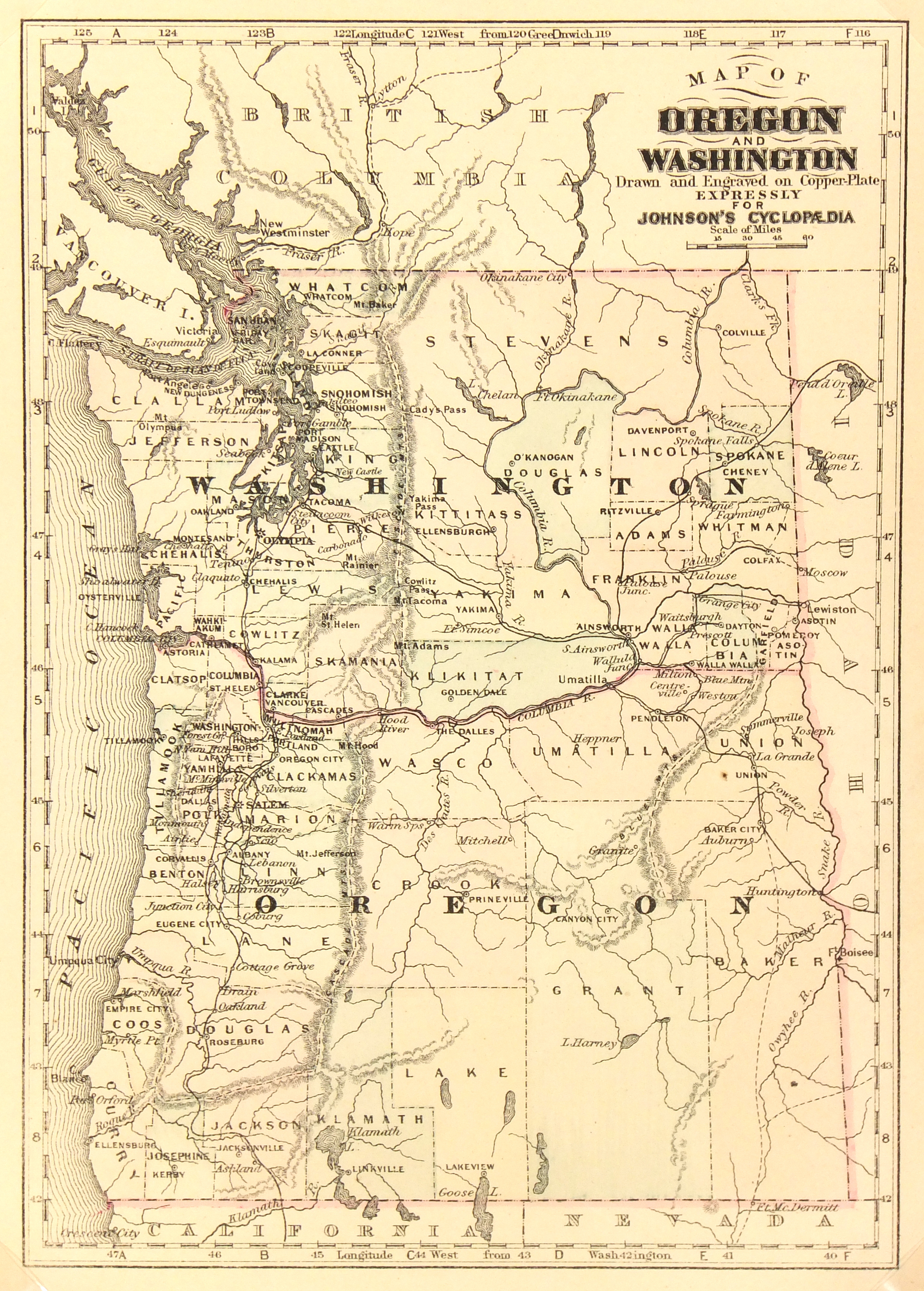 Oregon Washington Border Map Washington & Oregon, 1885 Original Art, Antique Maps & Prints