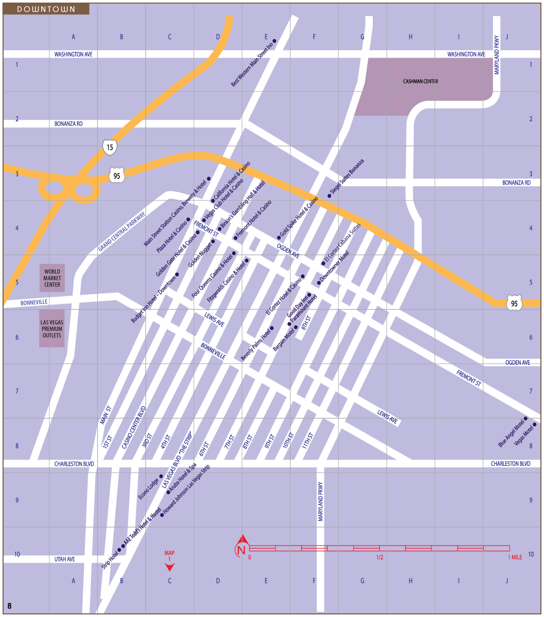 Las Vegas Elevation Map Las Vegas Downtown Hotels Map •