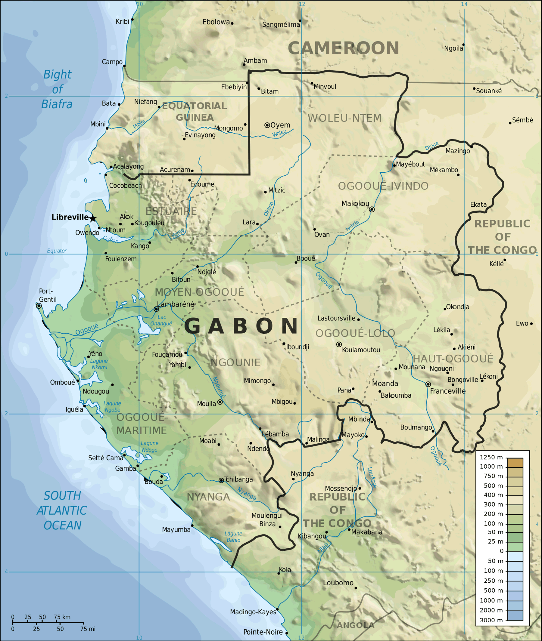 Topographic Map of Gabon •