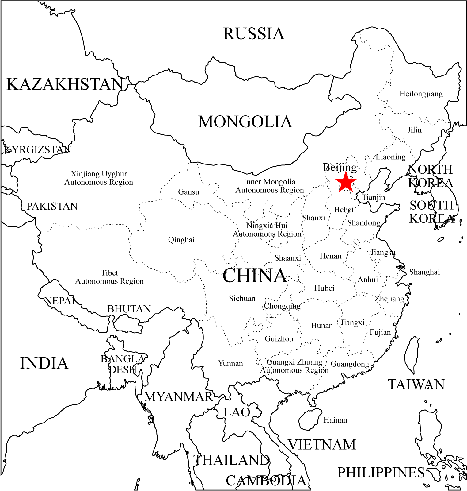 China Outline Map With Labels •