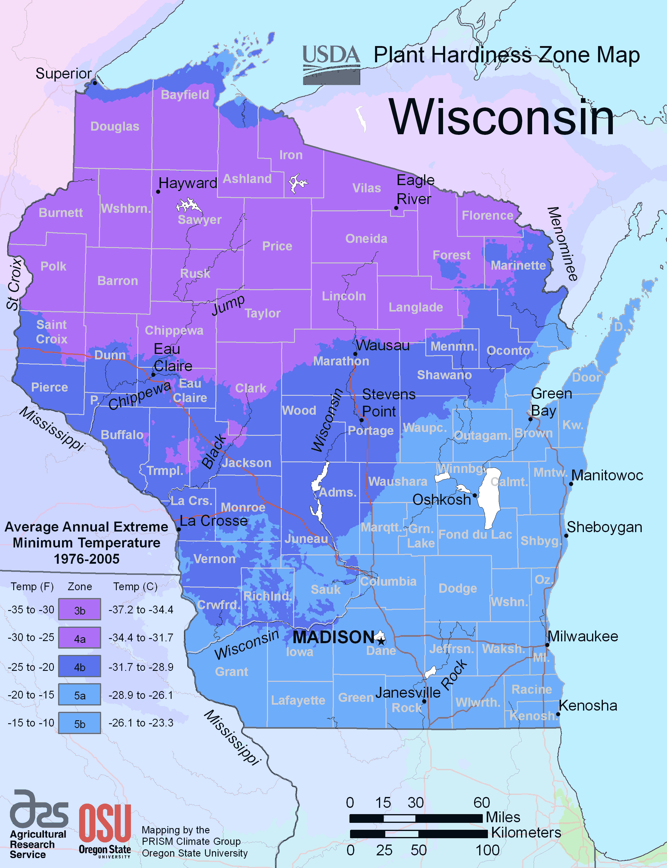 Wisconsin Plant Hardiness Zone Map •