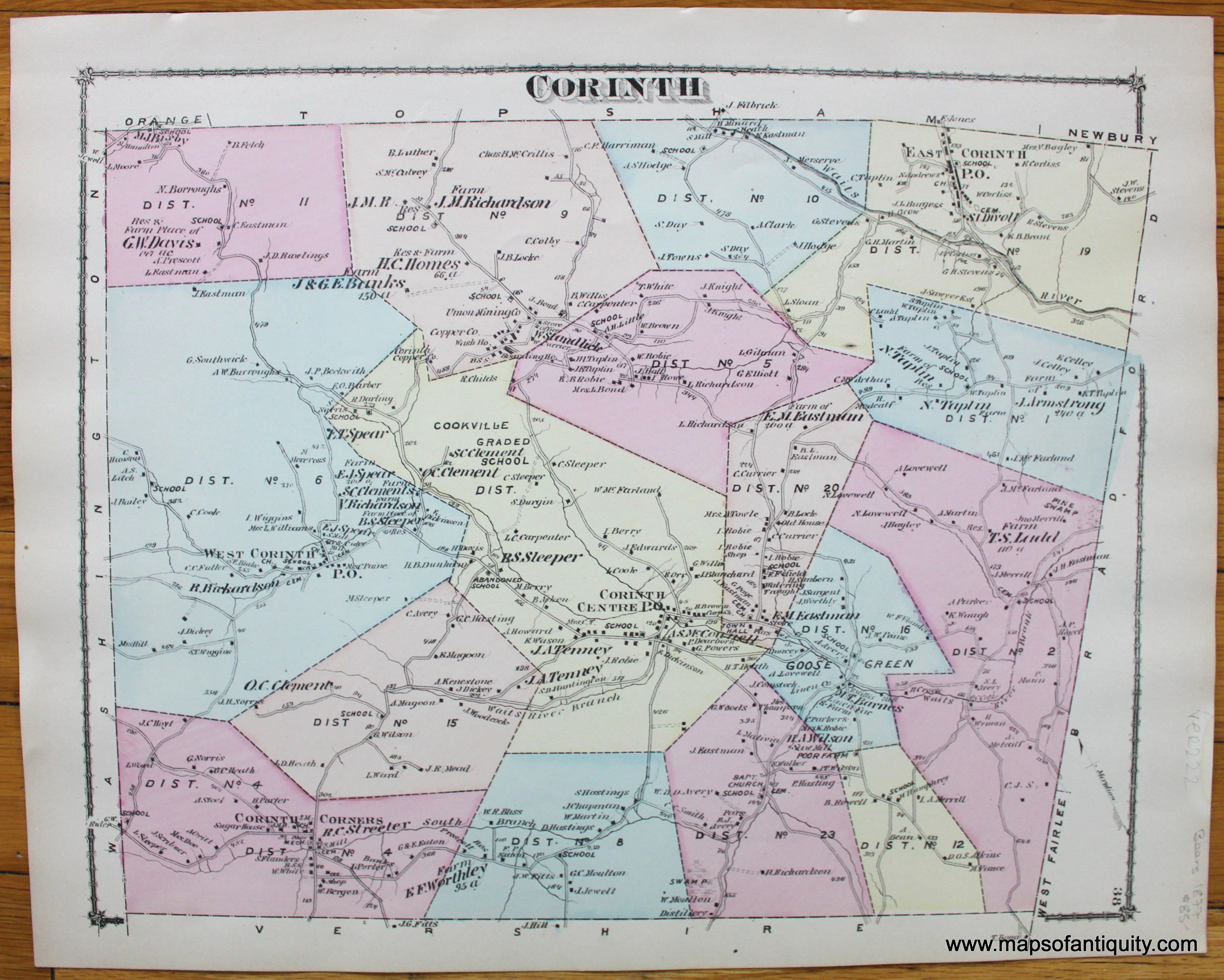 1877 Corinth (VT) Antique Map Maps of Antiquity
