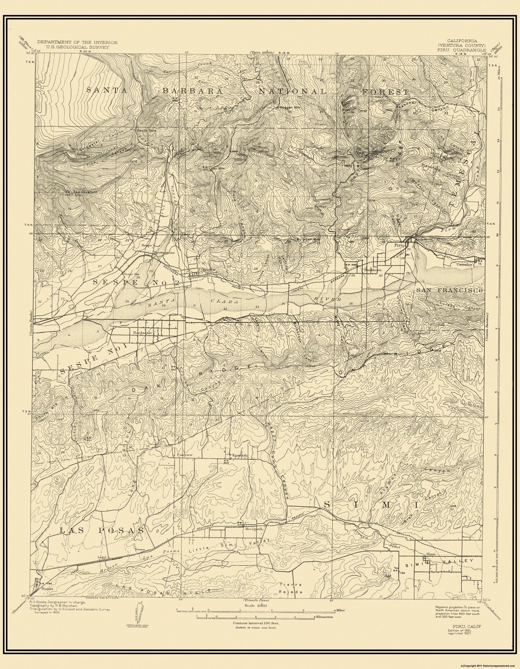 Topographical Map Piru California Quad USGS 1921 23 x 29.56 Vi