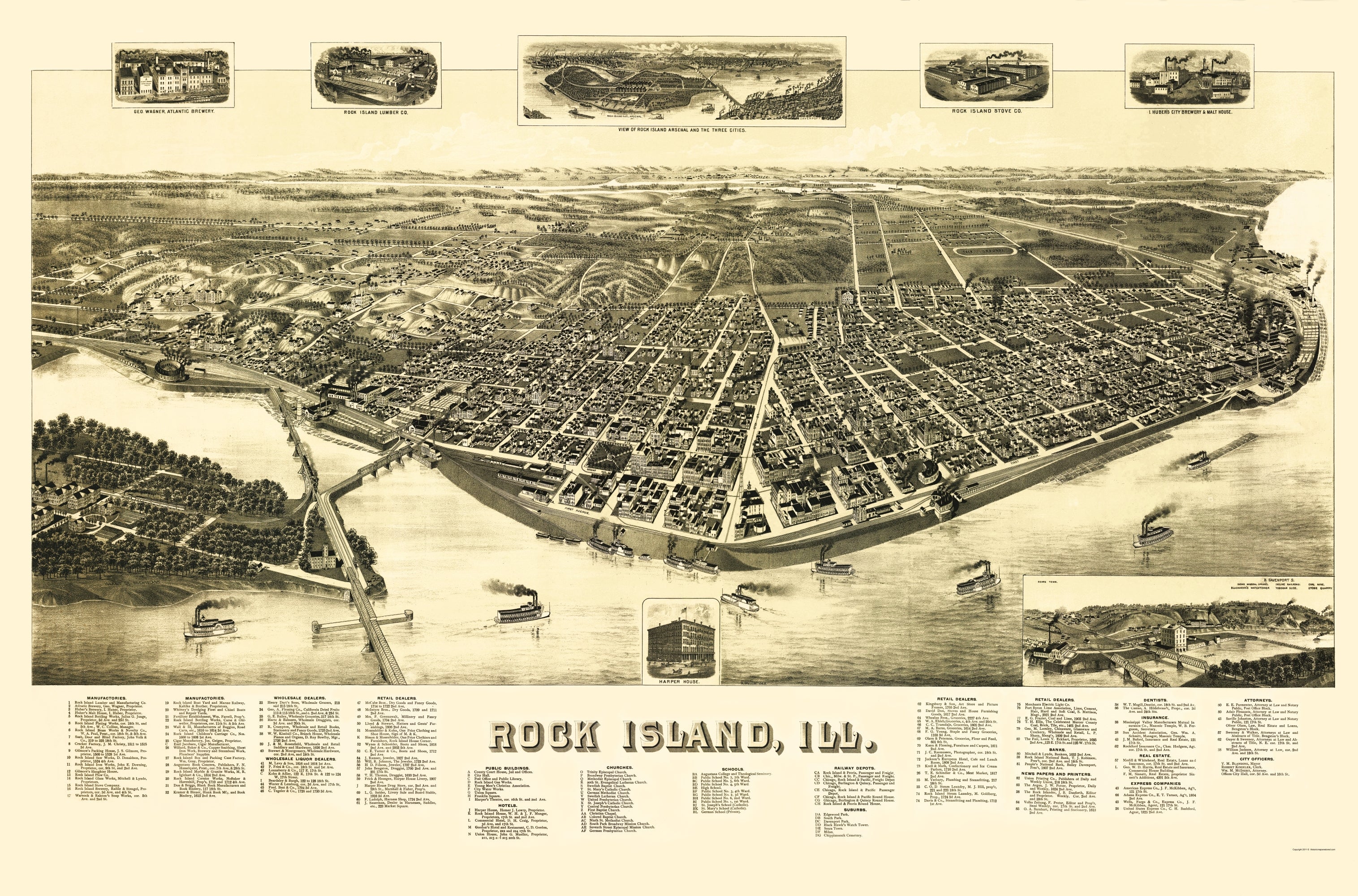 Historic Panoramic View Rock Island Illinois Wellge 1888 23 x 34