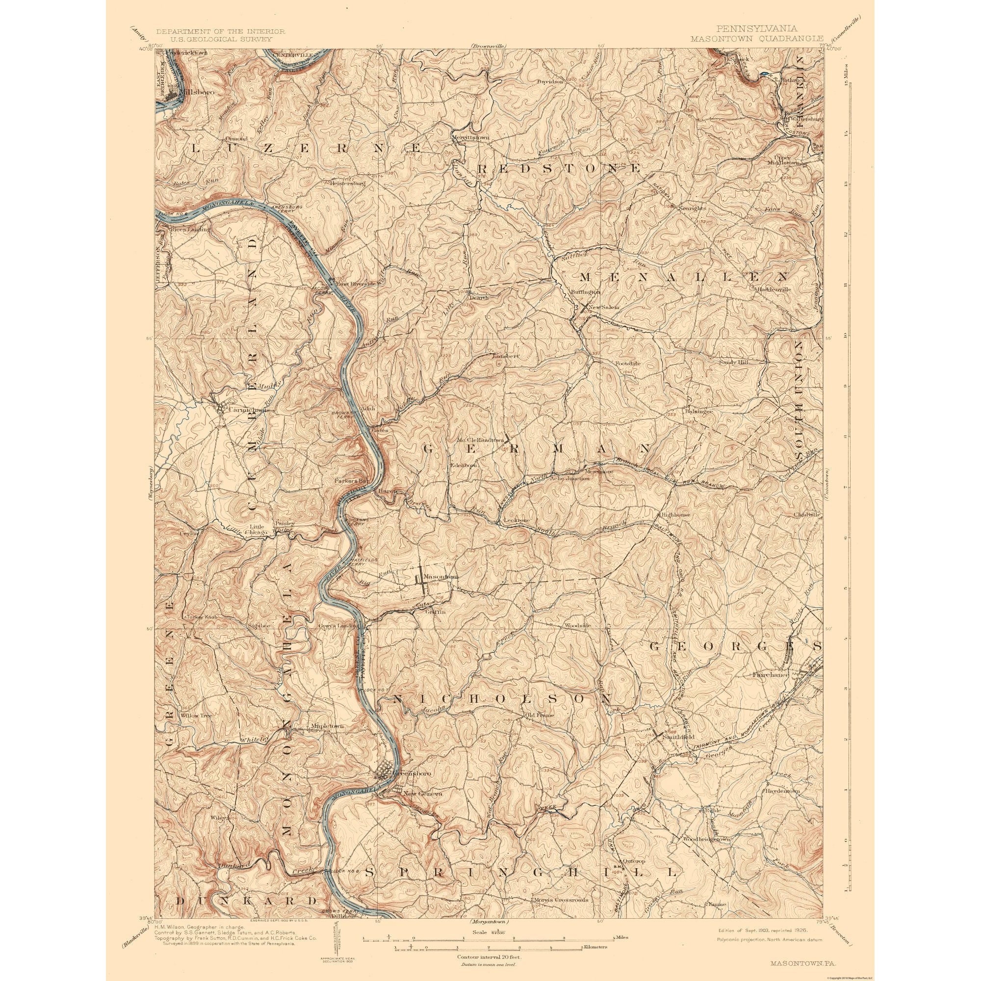 Topographical Map Masontown Pennsylvania Quad USGS 1903 23 x 29
